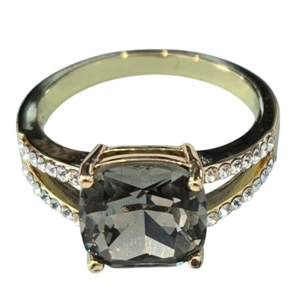 Gold Tone Smoky Grey Cushion Cut Crystal Split Shank Cocktail Ring Size 9